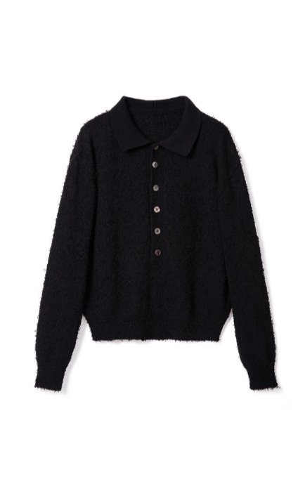 French-style polo collar loose knitted long-sleeved shirt Tracymade 6（M） black