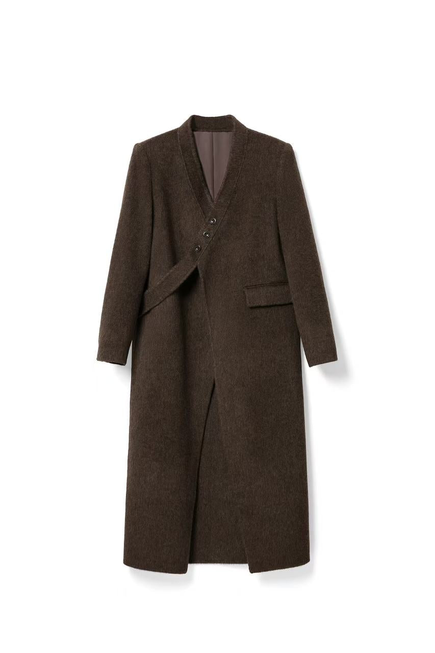 V-Neck Woolen Button Coat for winter Tracymade 4（S） brown