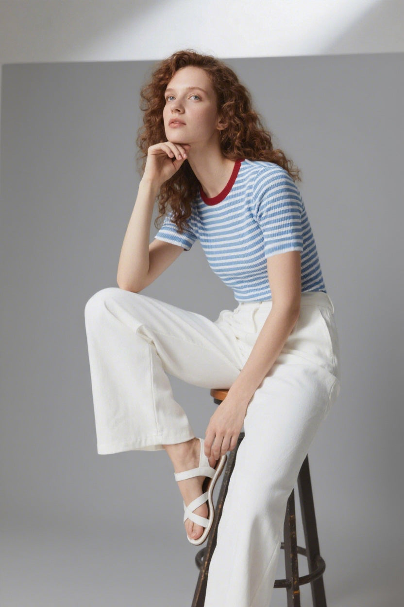 TOP15 Color-blocking high-elasticity knitted short-sleeved T-shirt Tracymade
