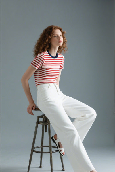 TOP15 Color-blocking high-elasticity knitted short-sleeved T-shirt Tracymade