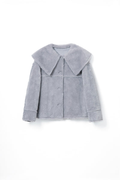 Faux Fur Collar Woolen Solid Jacket for winter Tracymade Free Size BLUE