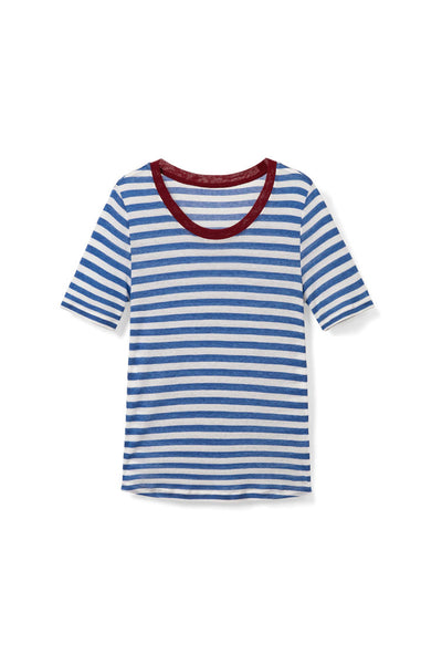 TOP15 Color-blocking high-elasticity knitted short-sleeved T-shirt Tracymade 6（M） BLUE