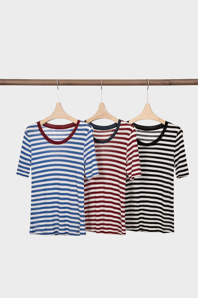 TOP15 Color-blocking high-elasticity knitted short-sleeved T-shirt Tracymade