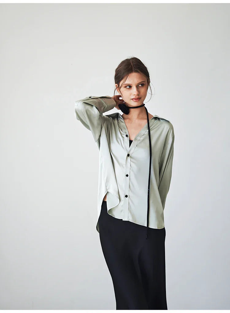New pearlescent satin drape shirt Tracymade