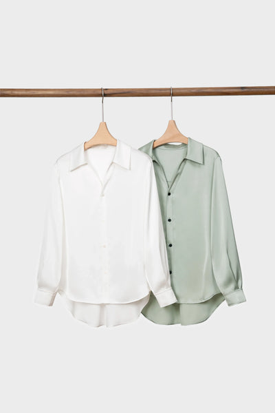 New pearlescent satin drape shirt Tracymade