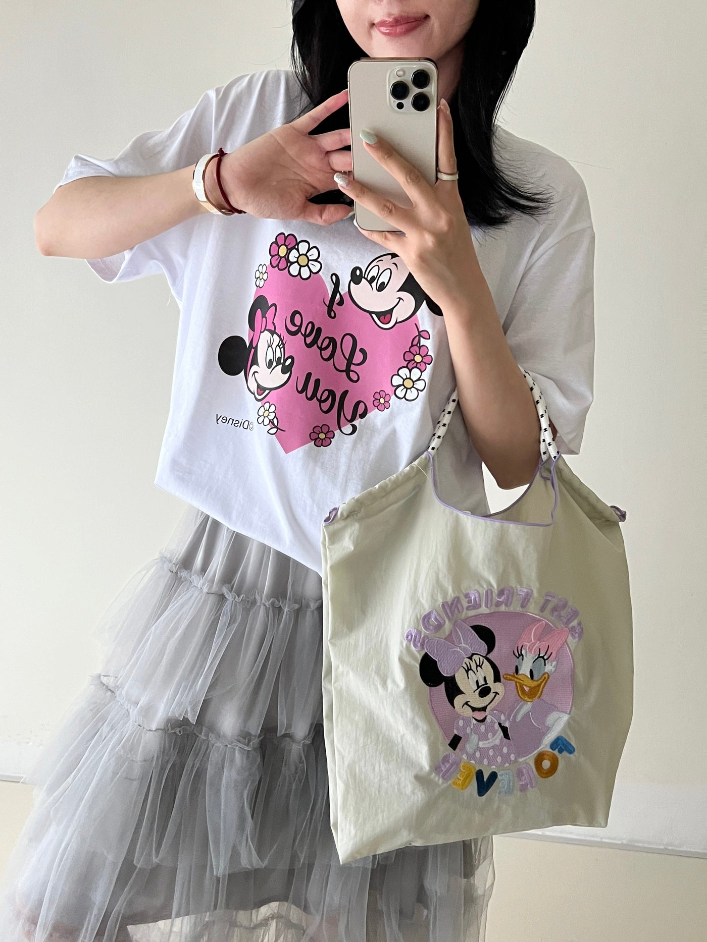 Pure cotton Mickey Minnie loose round-neck T-shirt Tracymade Free Size Pink