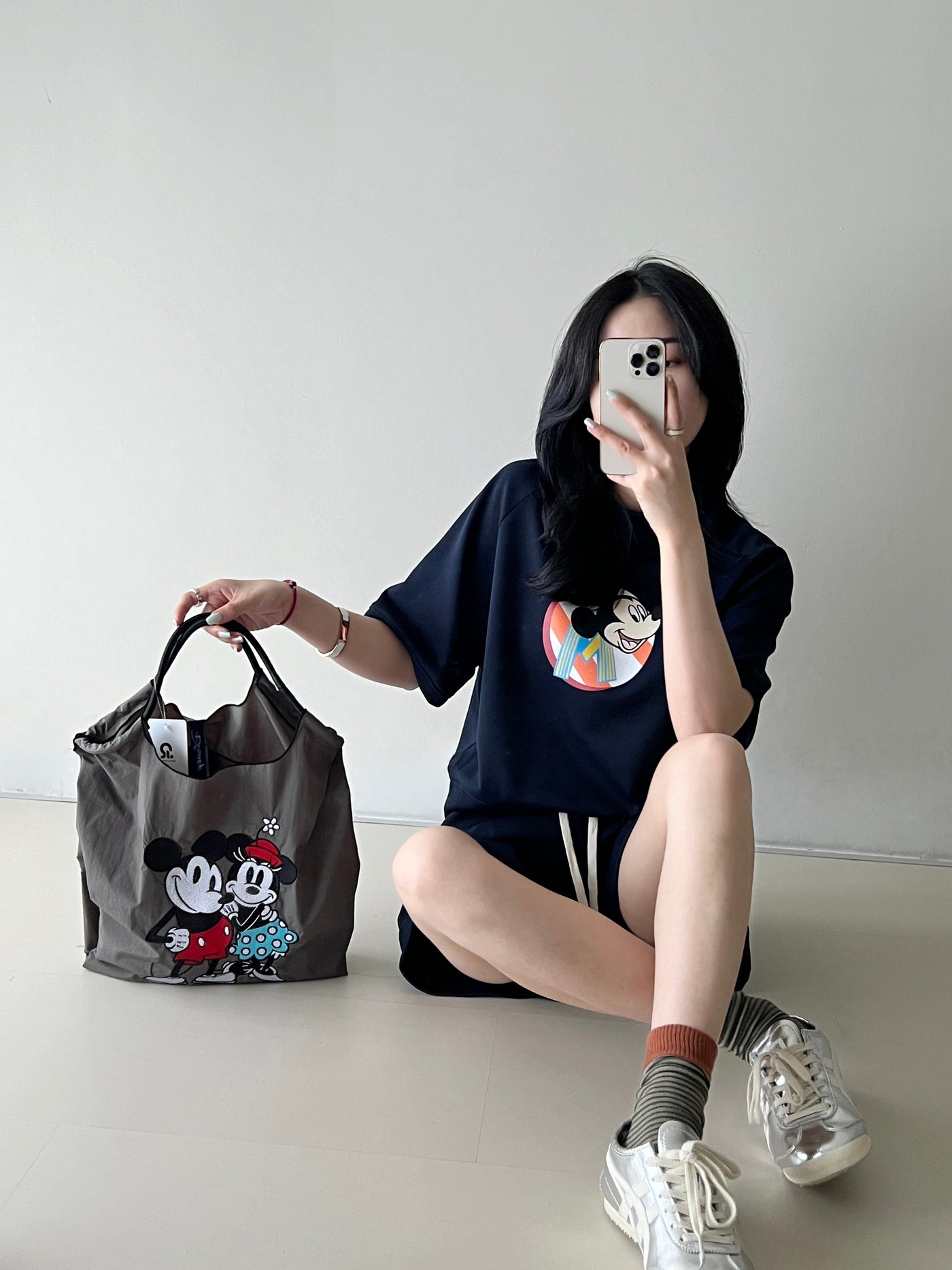 Mickey Minnie Short-Sleeved Shorts Casual Set Tracymade Free Size Navy blue