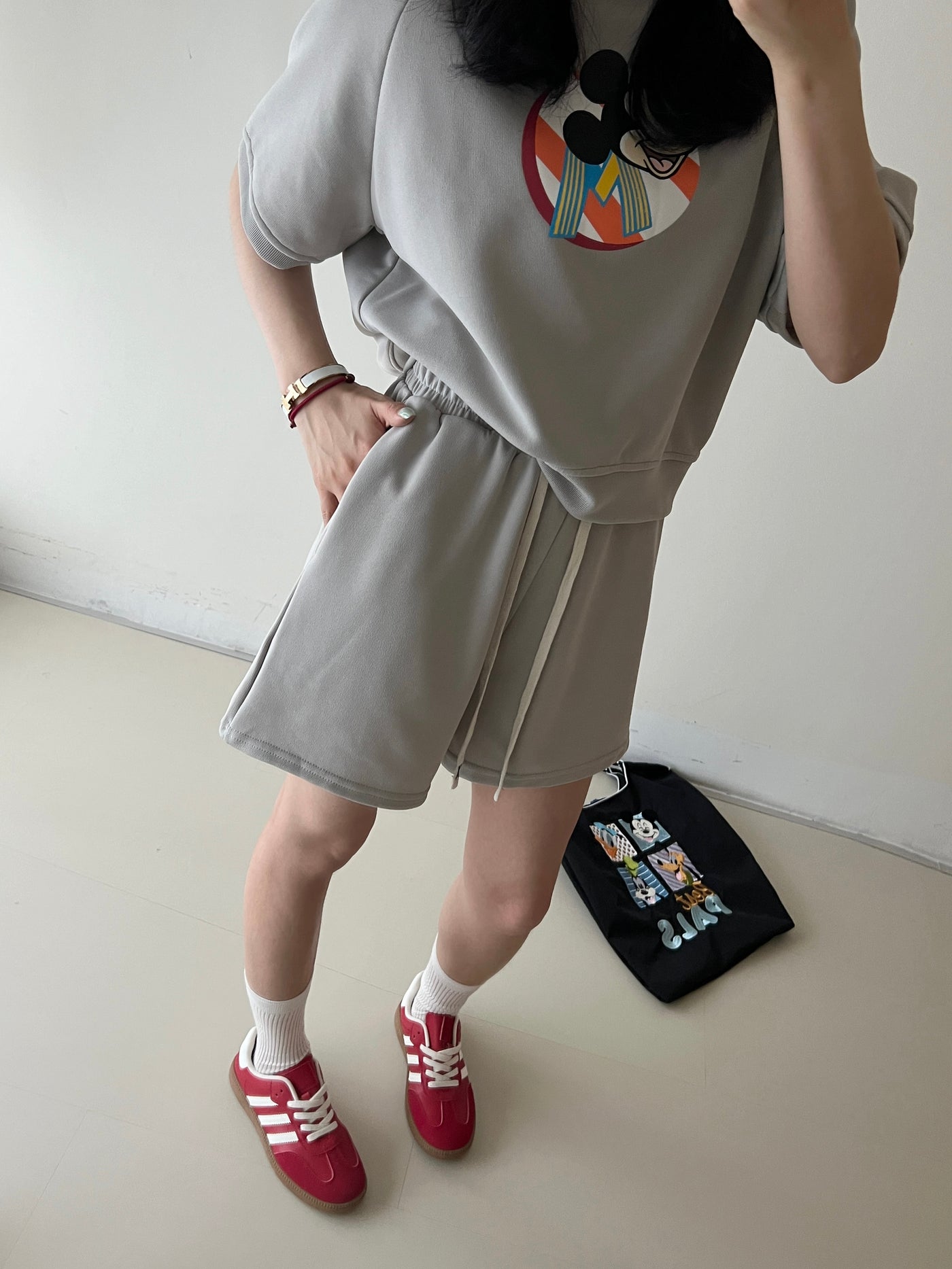 Mickey Minnie Short-Sleeved Shorts Casual Set Tracymade Free Size Grey