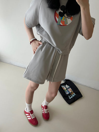 Mickey Minnie Short-Sleeved Shorts Casual Set Tracymade Free Size Grey