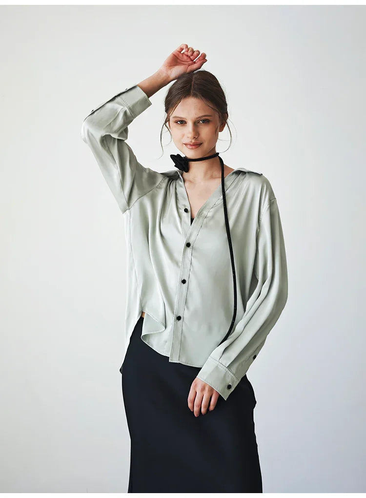 New pearlescent satin drape shirt Tracymade