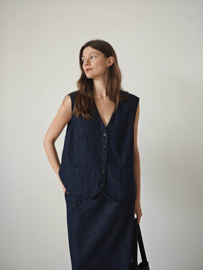 New retro-style denim vest skirt set Tracymade