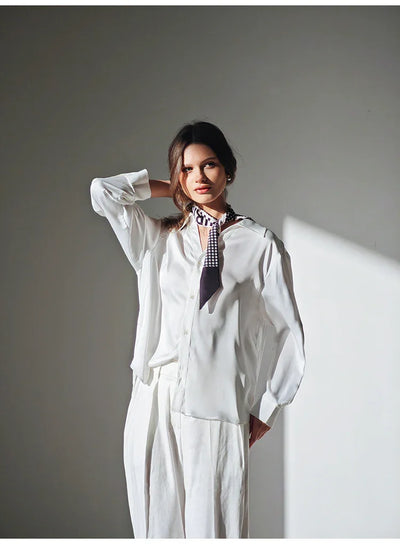 New pearlescent satin drape shirt Tracymade